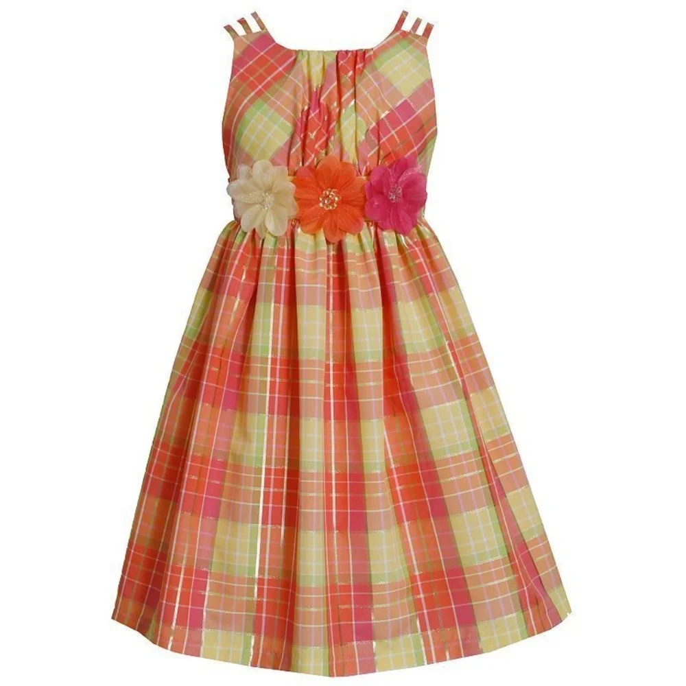 Bonnie Jean Girls‎ Plaid Flower Applique Formal Dress Size 4T Coral Party Spring